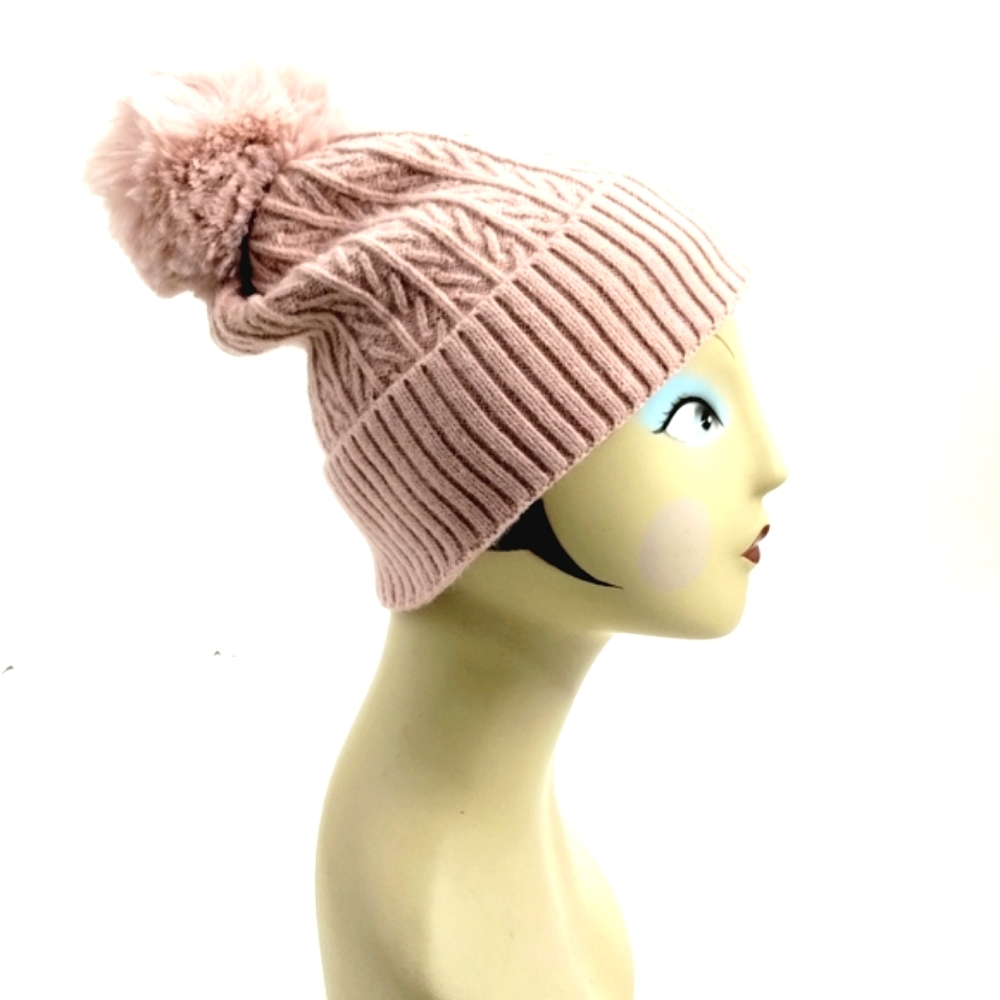 Pink Cashmere Cable Knit Beenie Hat Fur Pom Pom
